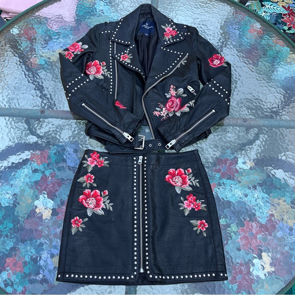 American Eagle Outfitters Faux Leather Embroidered Jacket and Mini Skirt Set